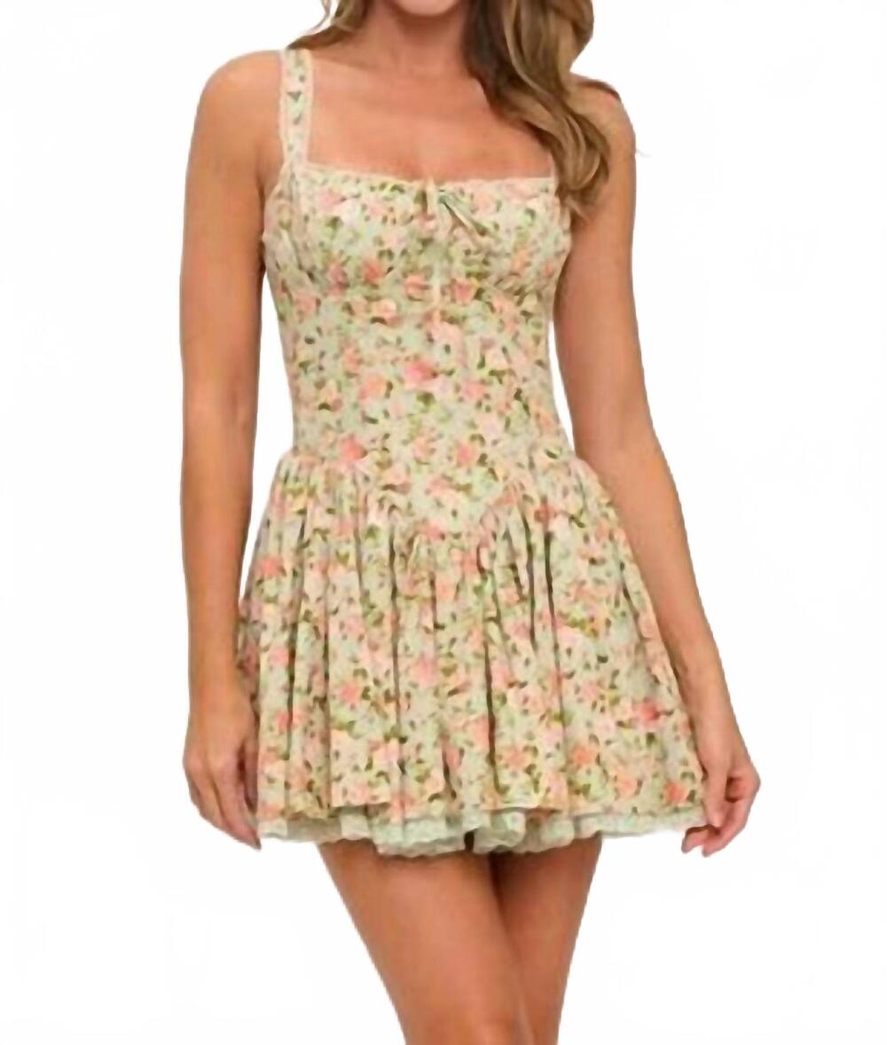 NEW LOVELY DAY floral lace trim fit and flare mini dress in mint/rose